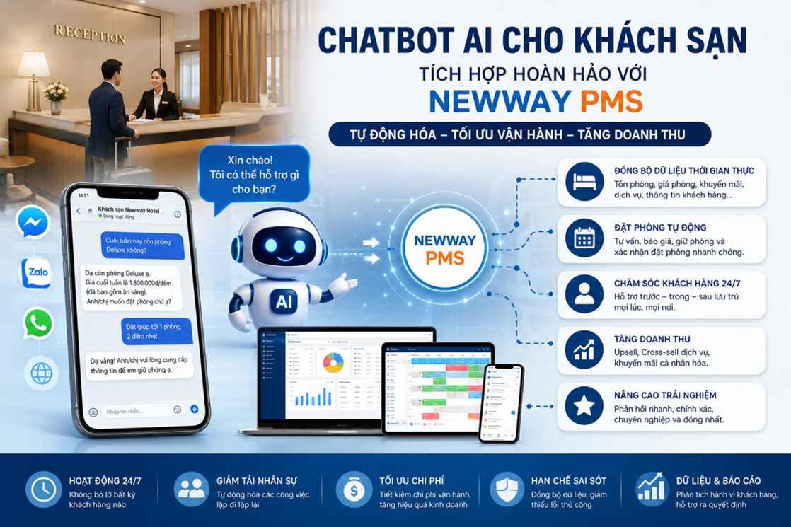 Chatbot AI cho khách sạn tích hợp Newway PMS – Tự động hóa chăm sóc khách hàng 24/7