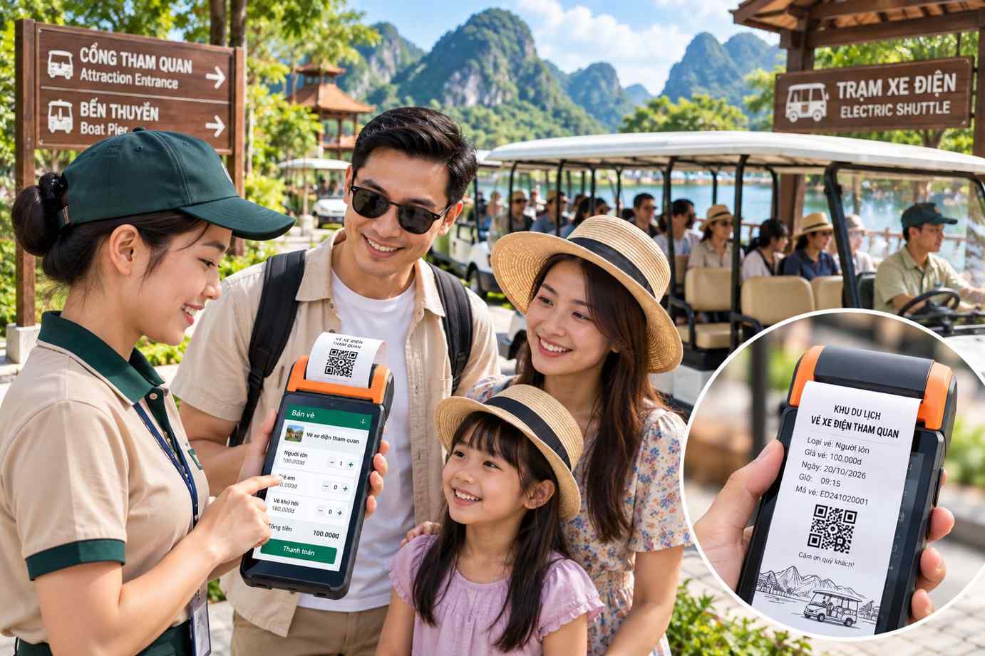 bán vé xe điện trên máy pos cầm tay