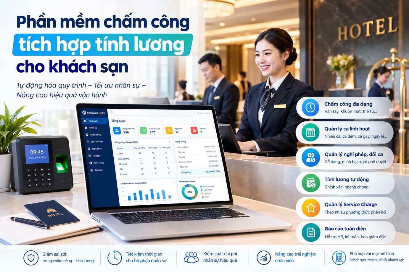 Phần mềm chấm công tích hợp tính lương cho khách sạn